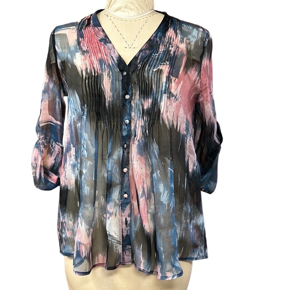 Vintage Jonathan‎ Martin | Sheer Watercolor Blouse Button Down 3/4 Sleeves L
